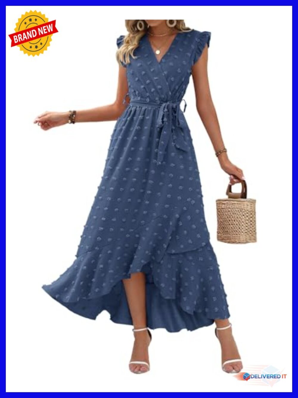 Swiss Dot V-Neck Ruffle Cap Sleeve Tie Waist Maxi Dress Boho Wedding Guest